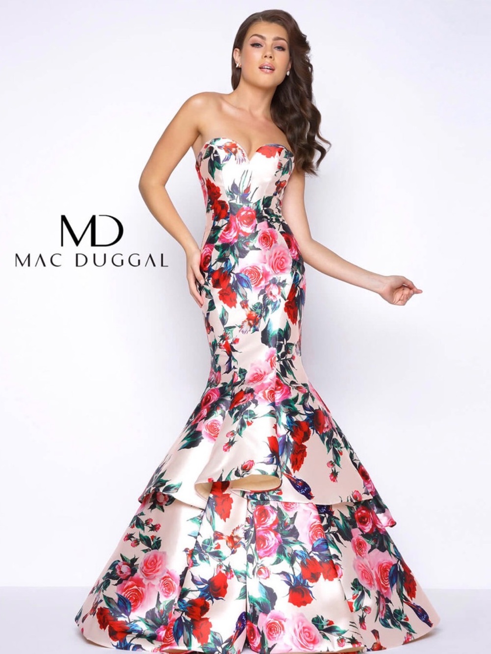 Mac Duggal Strapless Floral Mermaid Gown - Pink, Red & Green